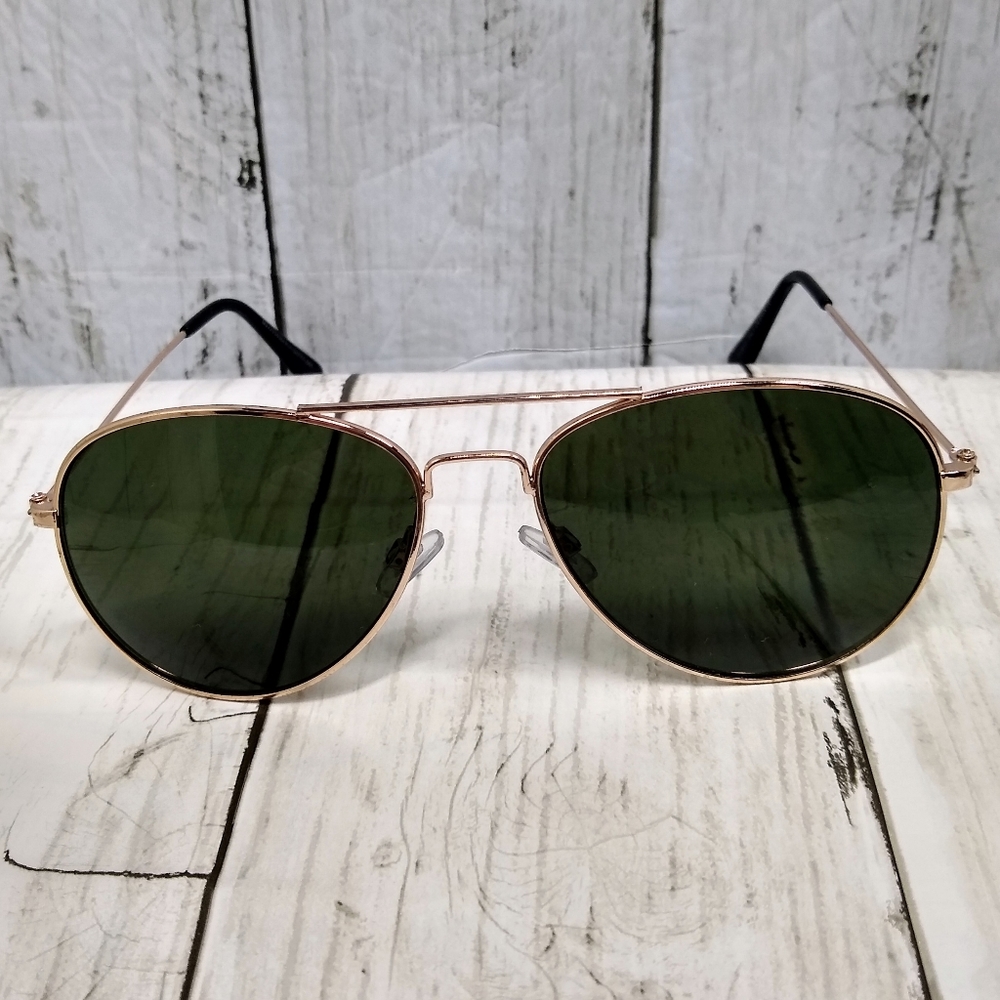 Fashion Aviator Sunglasses Women Rose Gold Metal Frame Full Rim Green Lenses